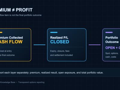 Analytical ledger diagram contrasting premium collected, realized profit and loss, and the total portfolio outcome.
